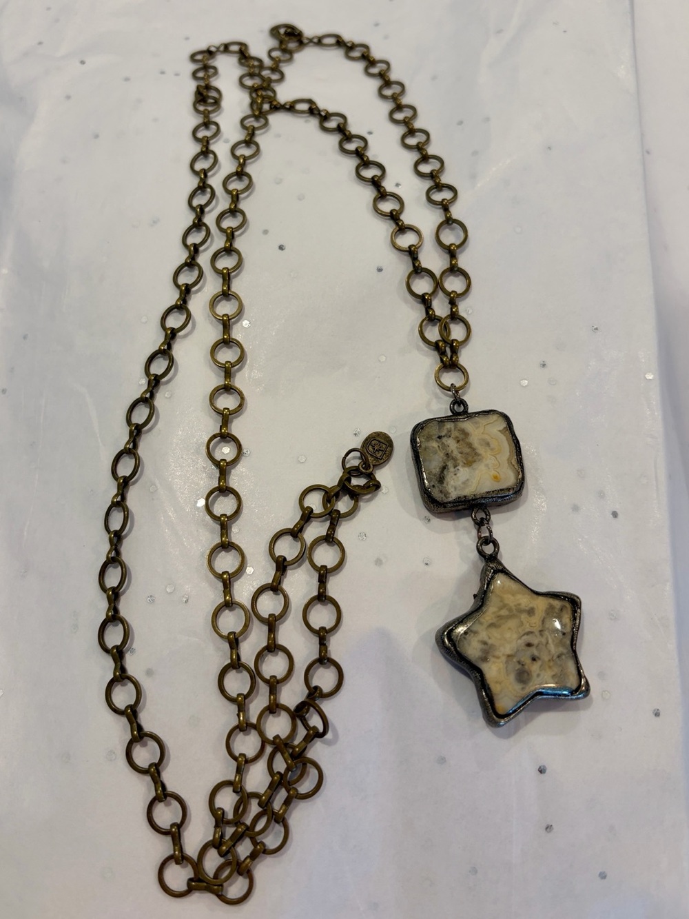 Bronze Chain Necklace with Cream Stone Star and Square Pendants
